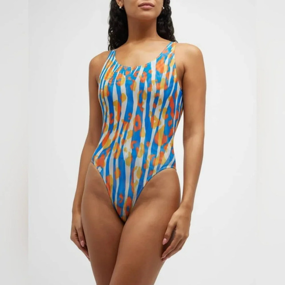 SOLID & STRIPED Luela One Piece Swimsuit Leopard Zebra Print Blue Orange Size M - Picture 2 of 14